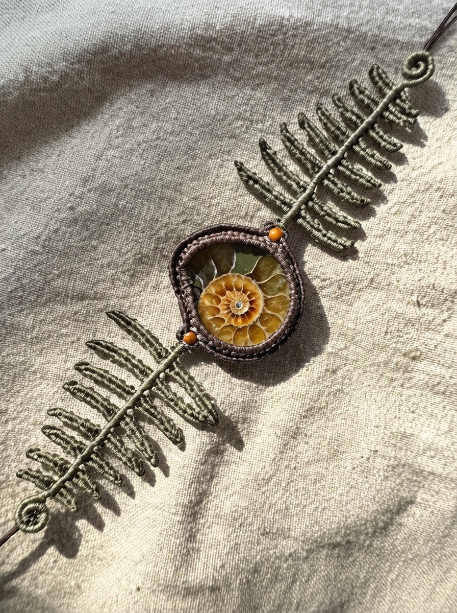 Fern Leaf & Ammonite Fossil Macramé Bracelet