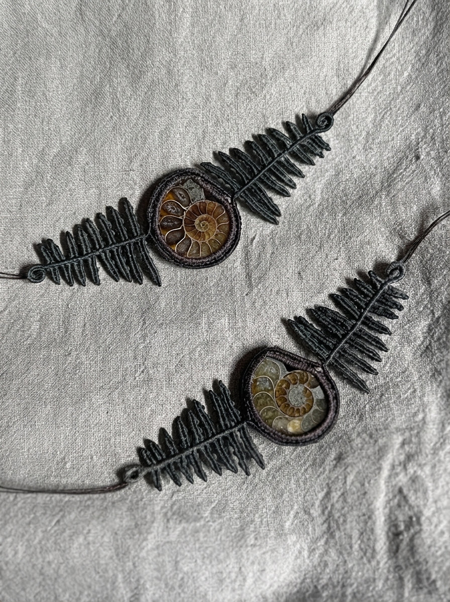 Fern Leaf & Ammonite Fossil Macramé Bracelet