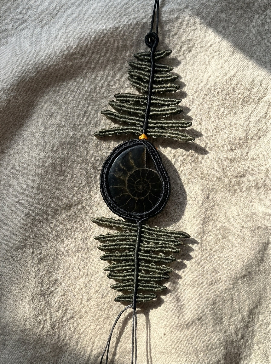 Fern Leaf & Ammonite Fossil Macramé Bracelet