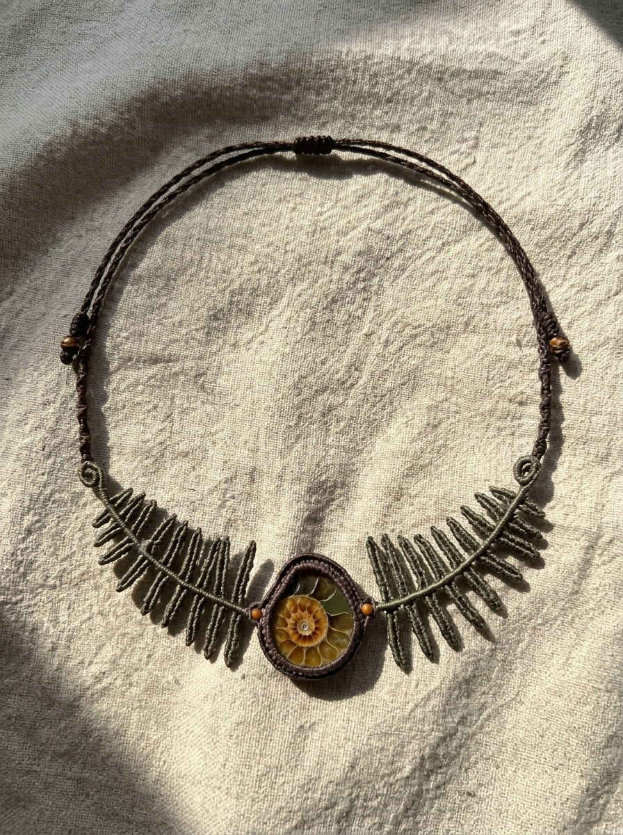Fern Leaf & Ammonite Fossil Macramé Bracelet