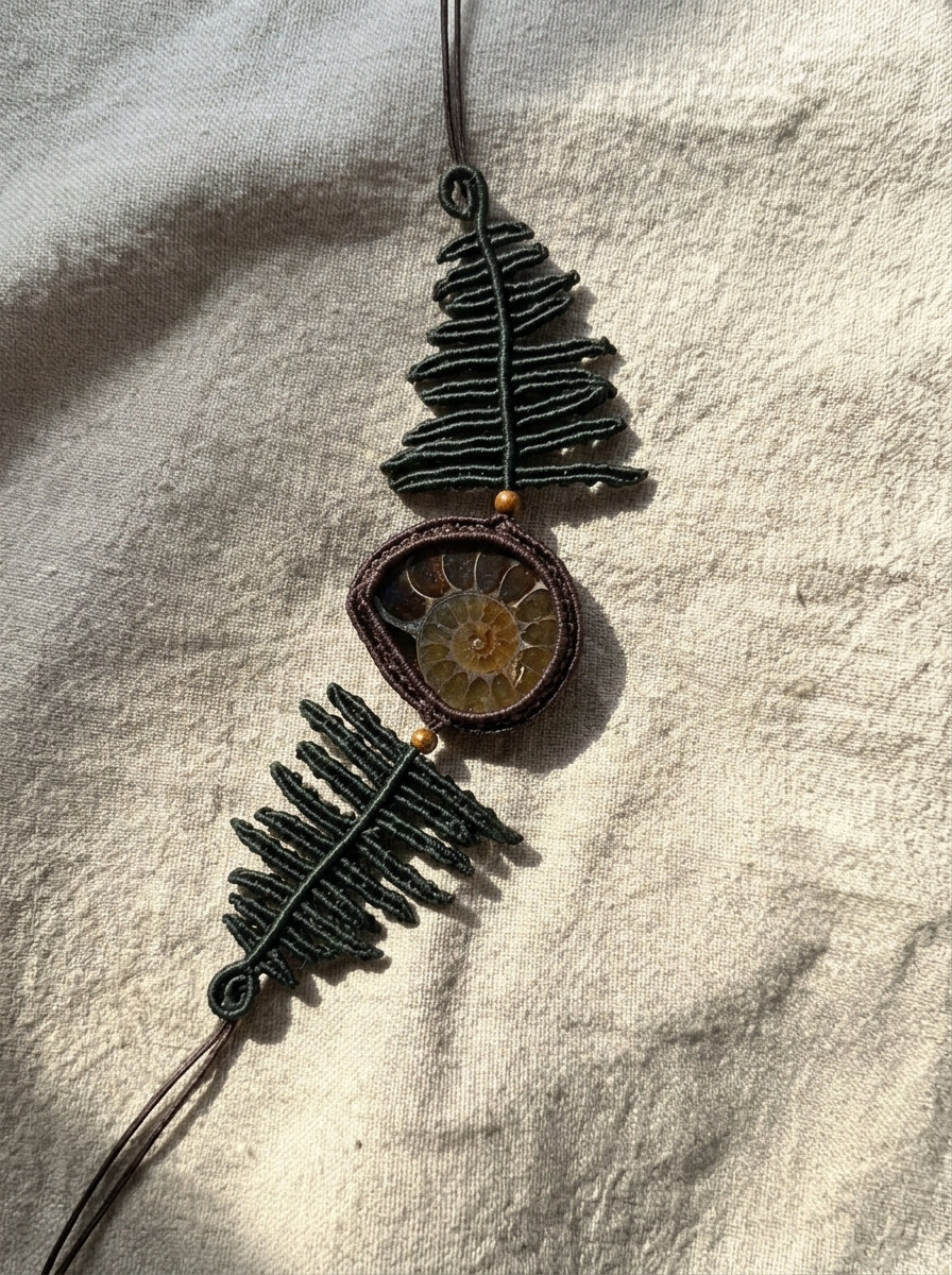 Fern Leaf & Ammonite Fossil Macramé Bracelet