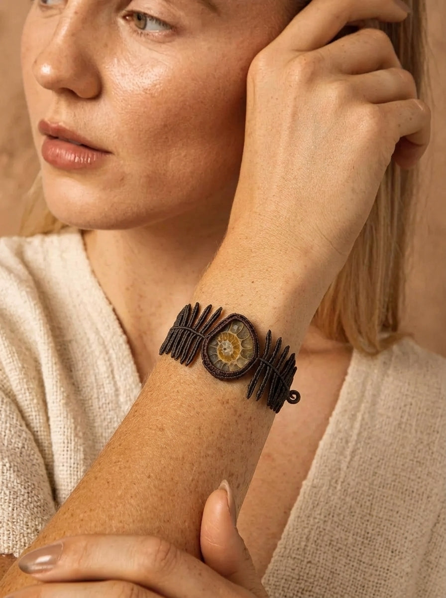 Fern Leaf & Ammonite Fossil Macramé Bracelet