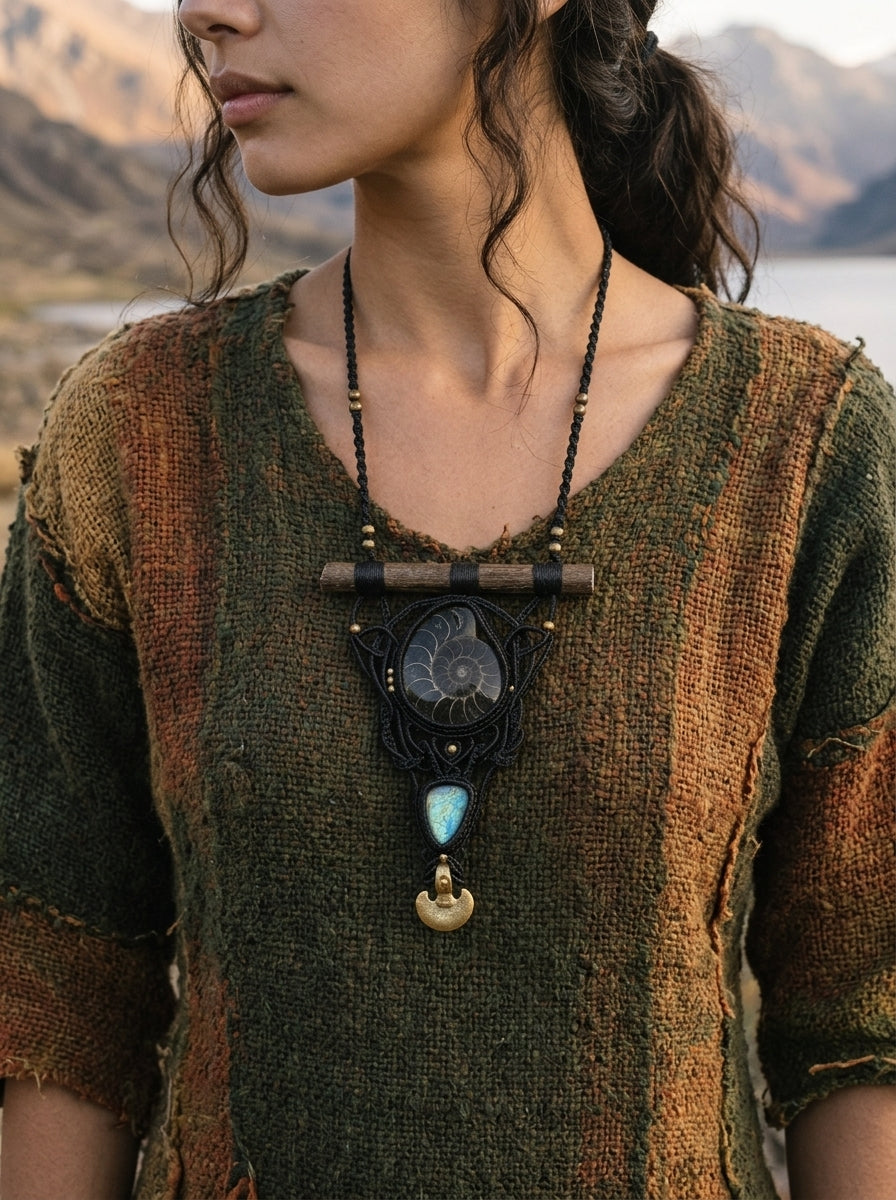 Ammonite Fossil & Labradorite Macramé Necklace