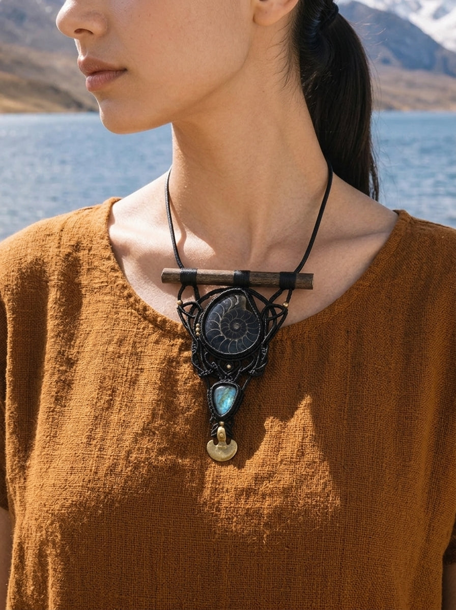 Ammonite Fossil & Labradorite Macramé Necklace