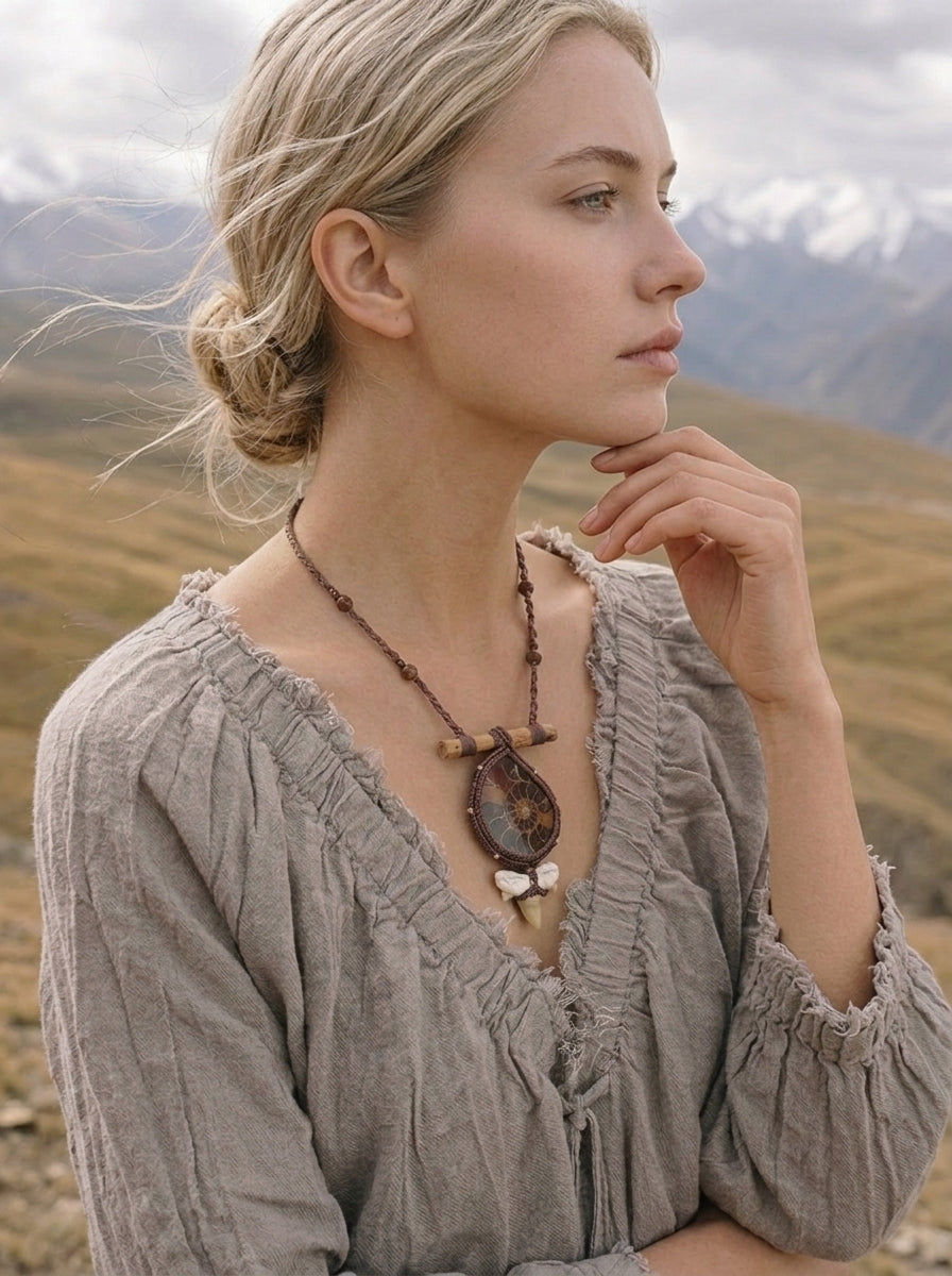 Ammonite Fossil Macramé Necklace