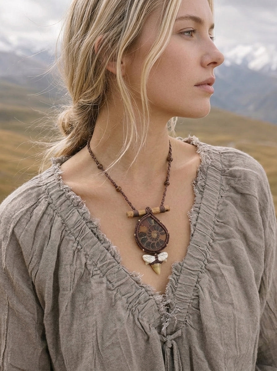 Ammonite Fossil Macramé Necklace