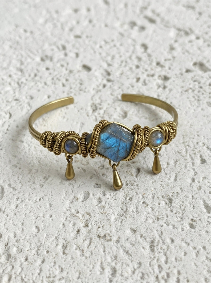 Raw Labradorite & Brass Wire Wrapped Bracelet