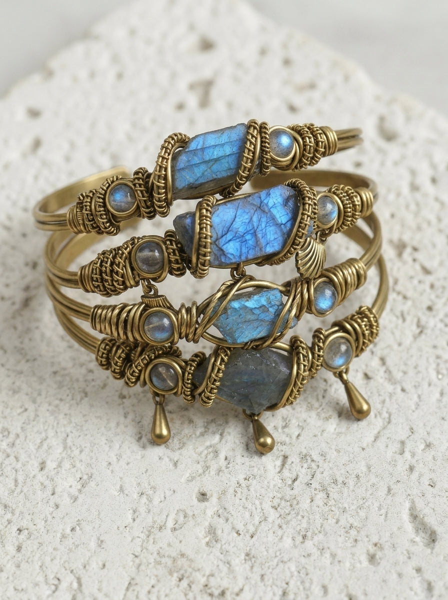 Raw Labradorite & Brass Wire Wrapped Bracelet
