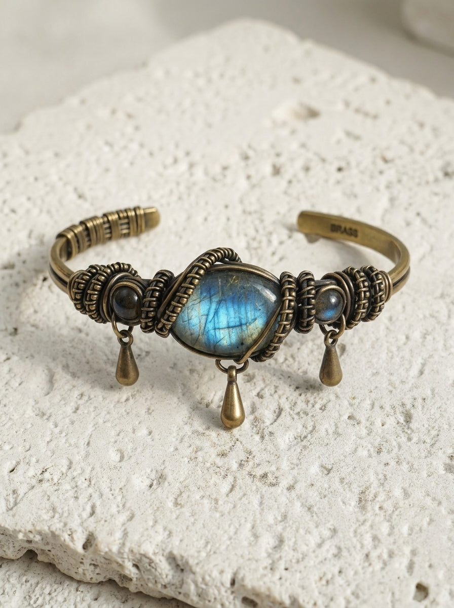 Raw Labradorite & Brass Wire Wrapped Bracelet