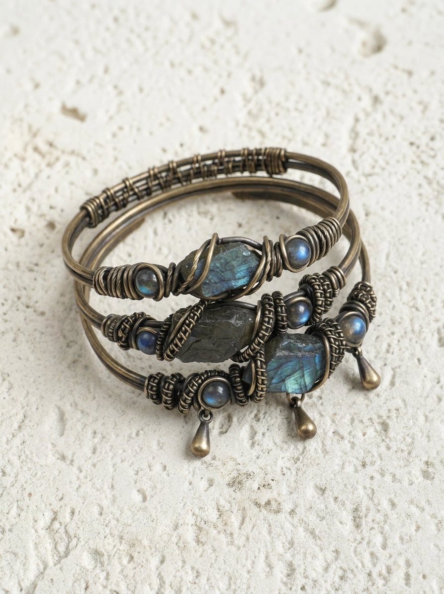 Raw Labradorite & Brass Wire Wrapped Bracelet
