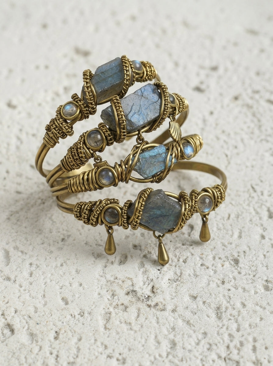 Raw Labradorite & Brass Wire Wrapped Bracelet