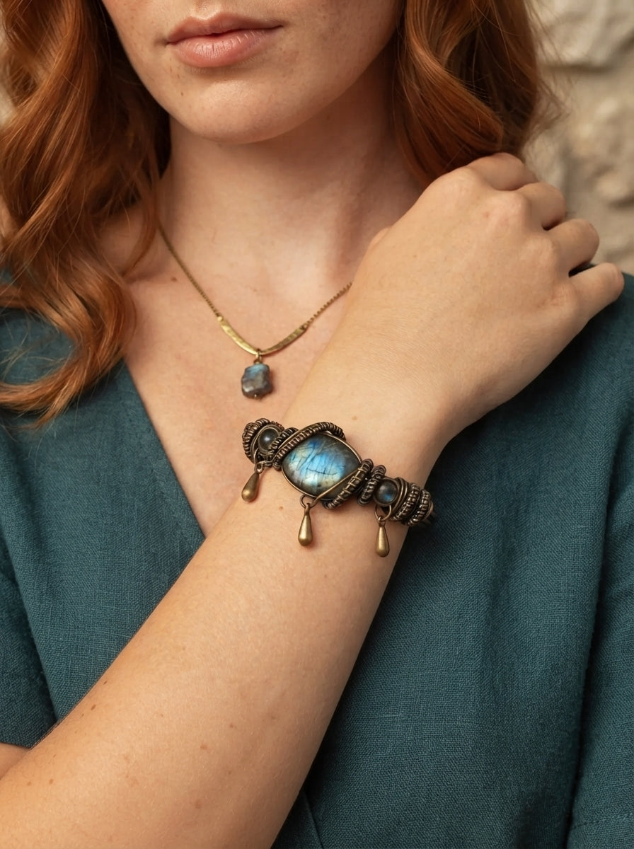 Raw Labradorite & Brass Wire Wrapped Bracelet