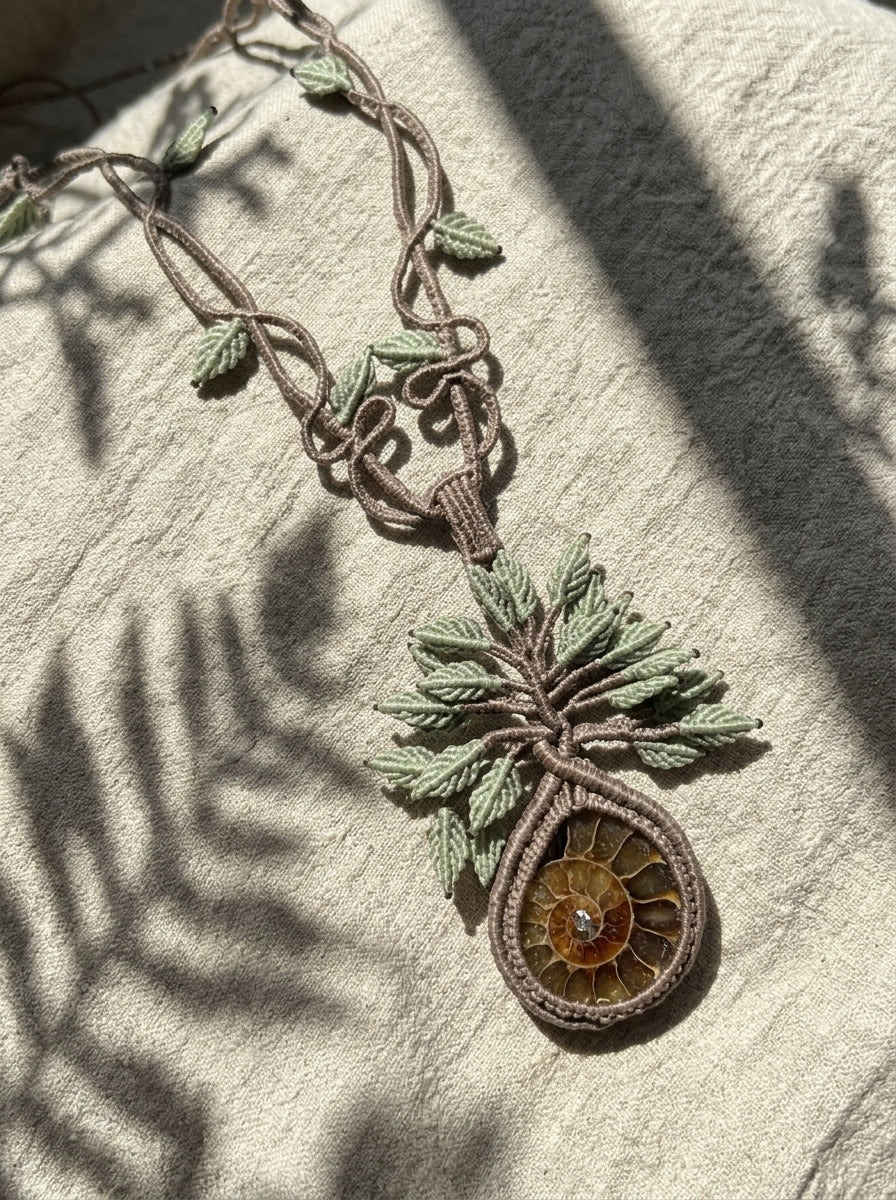 Ammonite Fossil Tree of Life Macramé Necklace