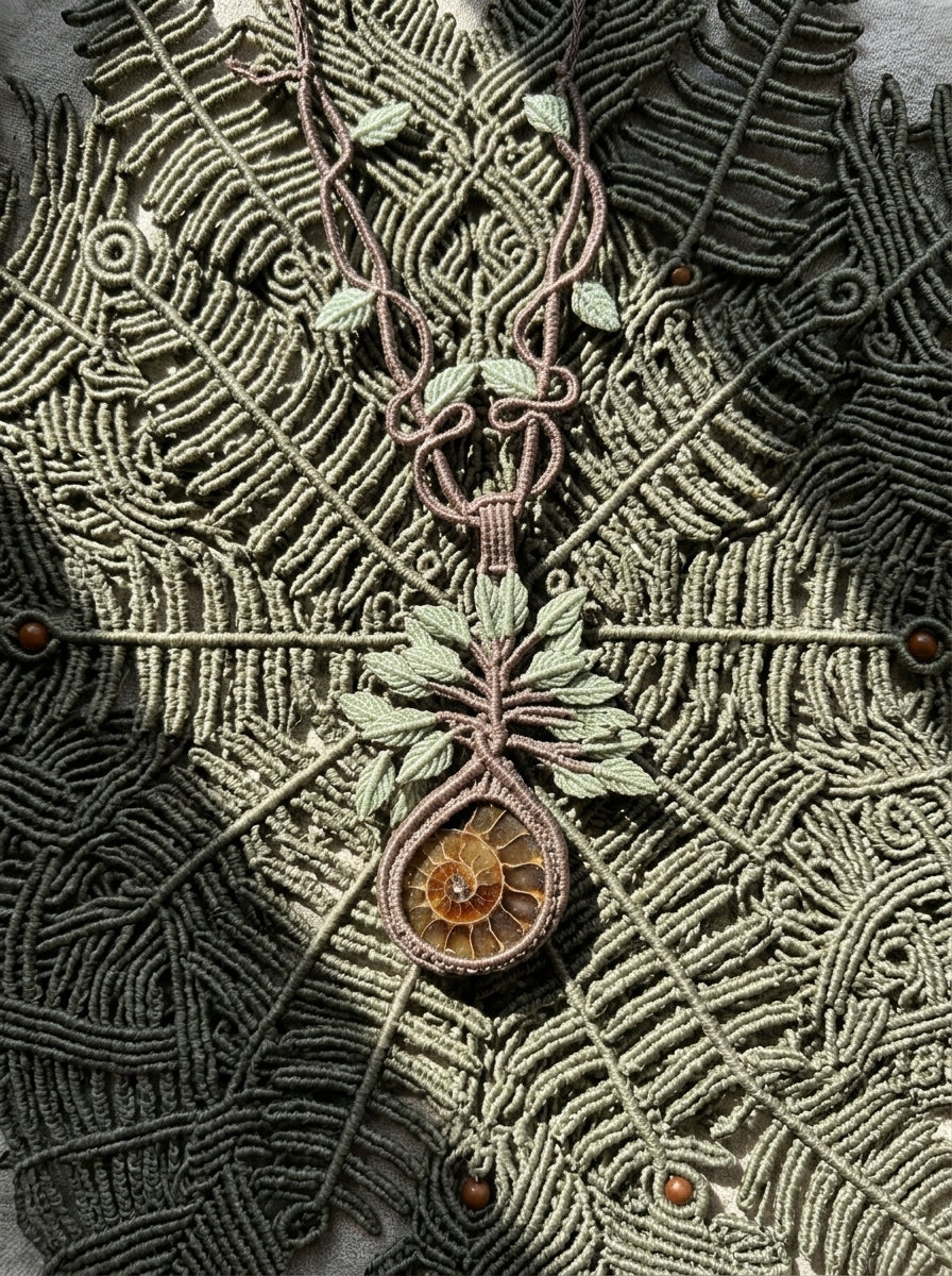 Ammonite Fossil Tree of Life Macramé Necklace