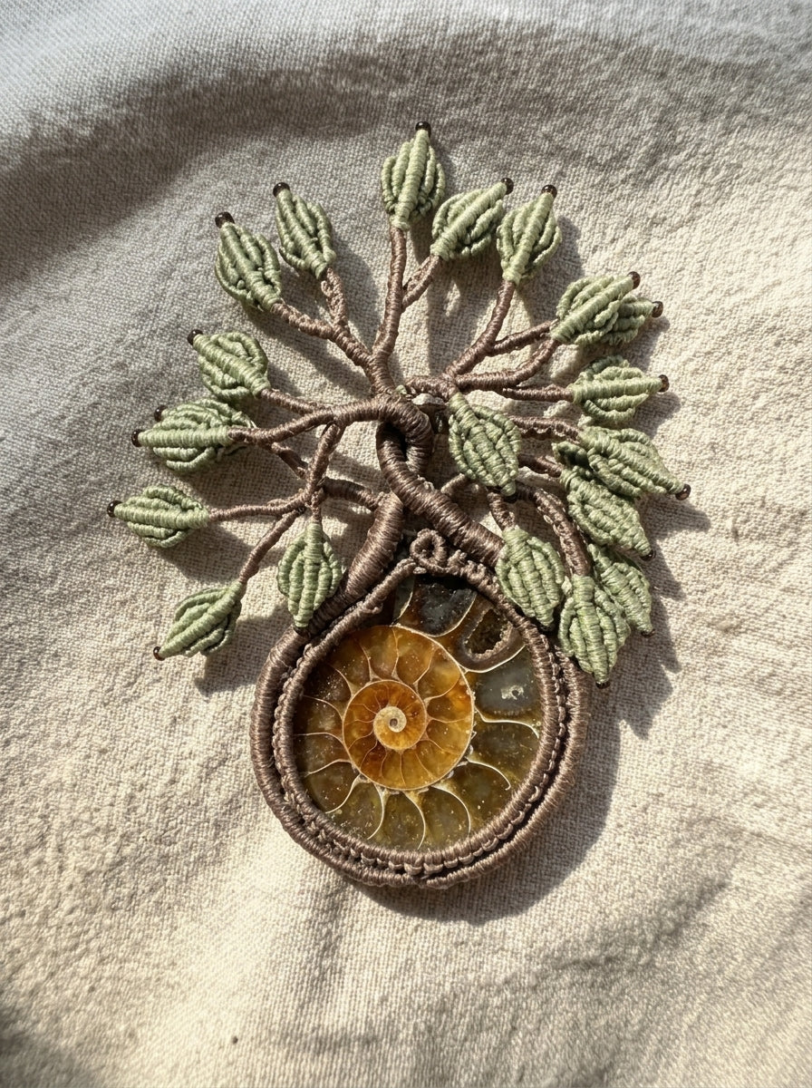 Ammonite Fossil Tree of Life Macramé Necklace