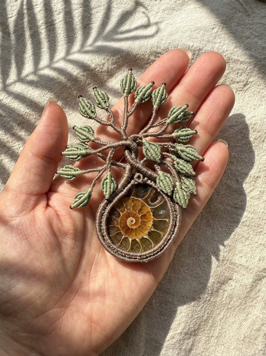 Ammonite Fossil Tree of Life Macramé Necklace