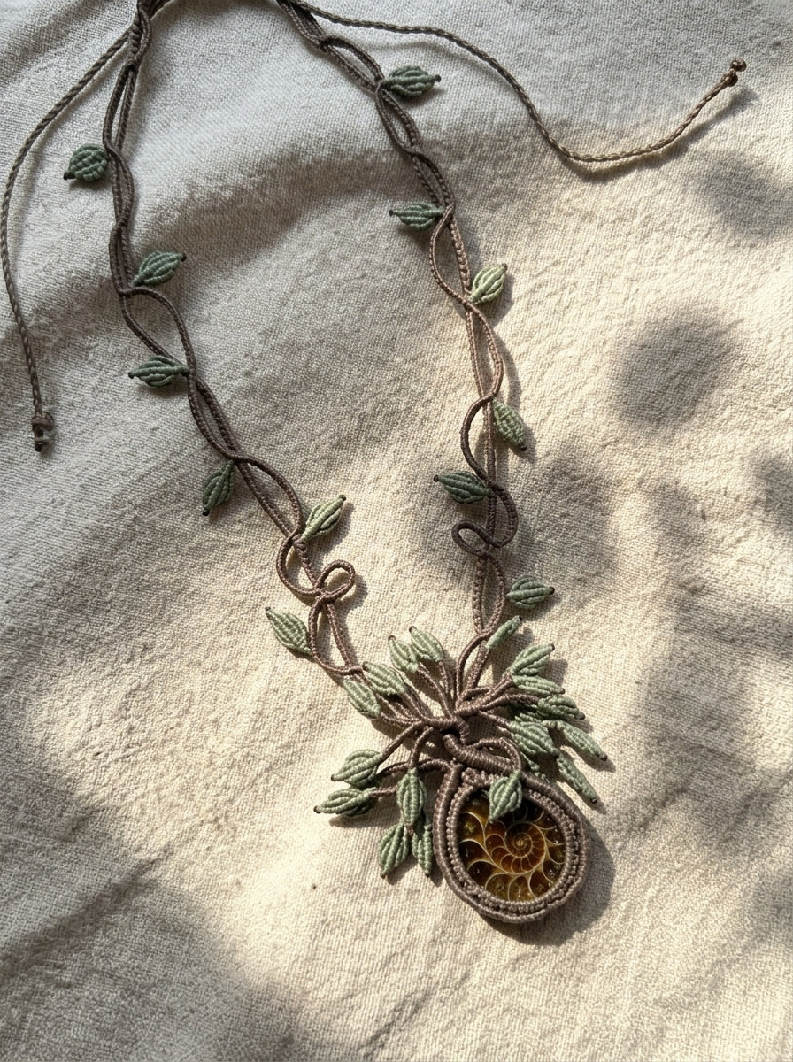 Ammonite Fossil Tree of Life Macramé Necklace