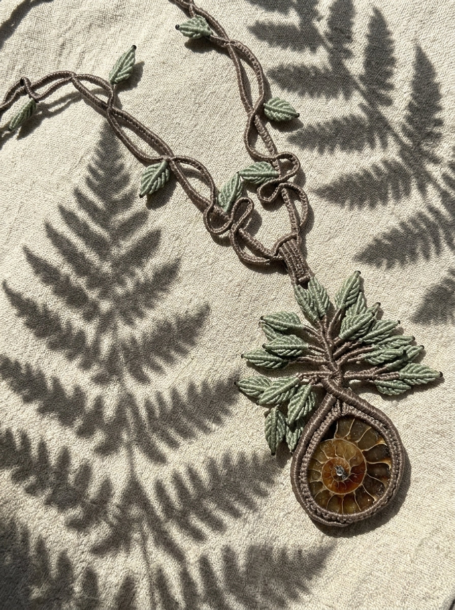 Ammonite Fossil Tree of Life Macramé Necklace