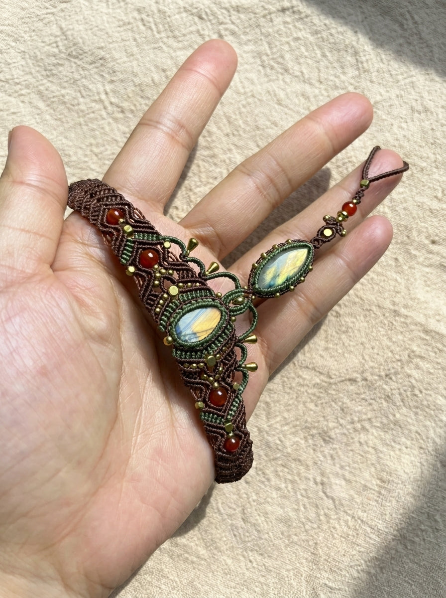 Labradorite Macramé Wrap Finger Chain Bracelet