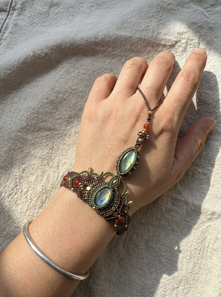Labradorite Macramé Wrap Finger Chain Bracelet