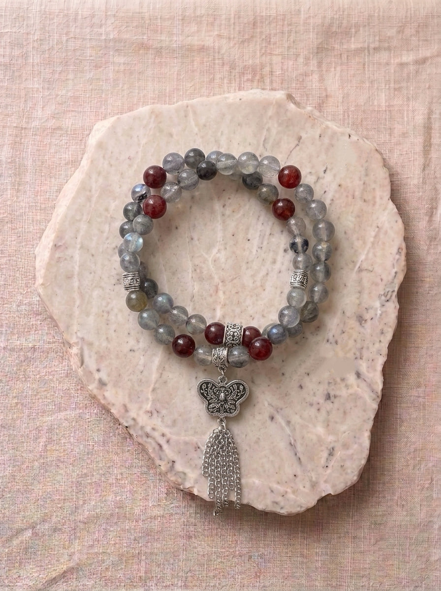 Mountain Spirit Gray Moonstone Strawberry Quartz Bracelet
