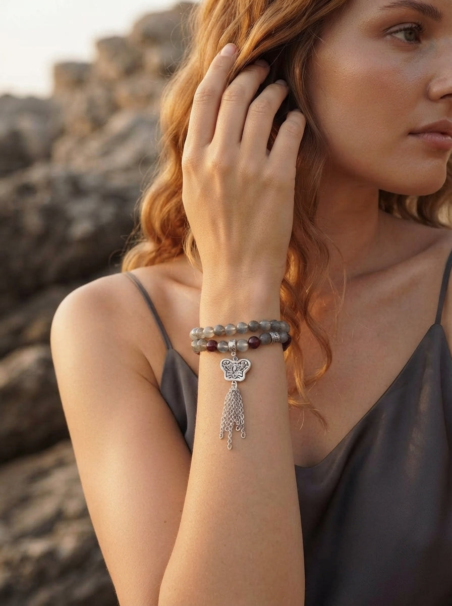 Mountain Spirit Gray Moonstone Strawberry Quartz Bracelet