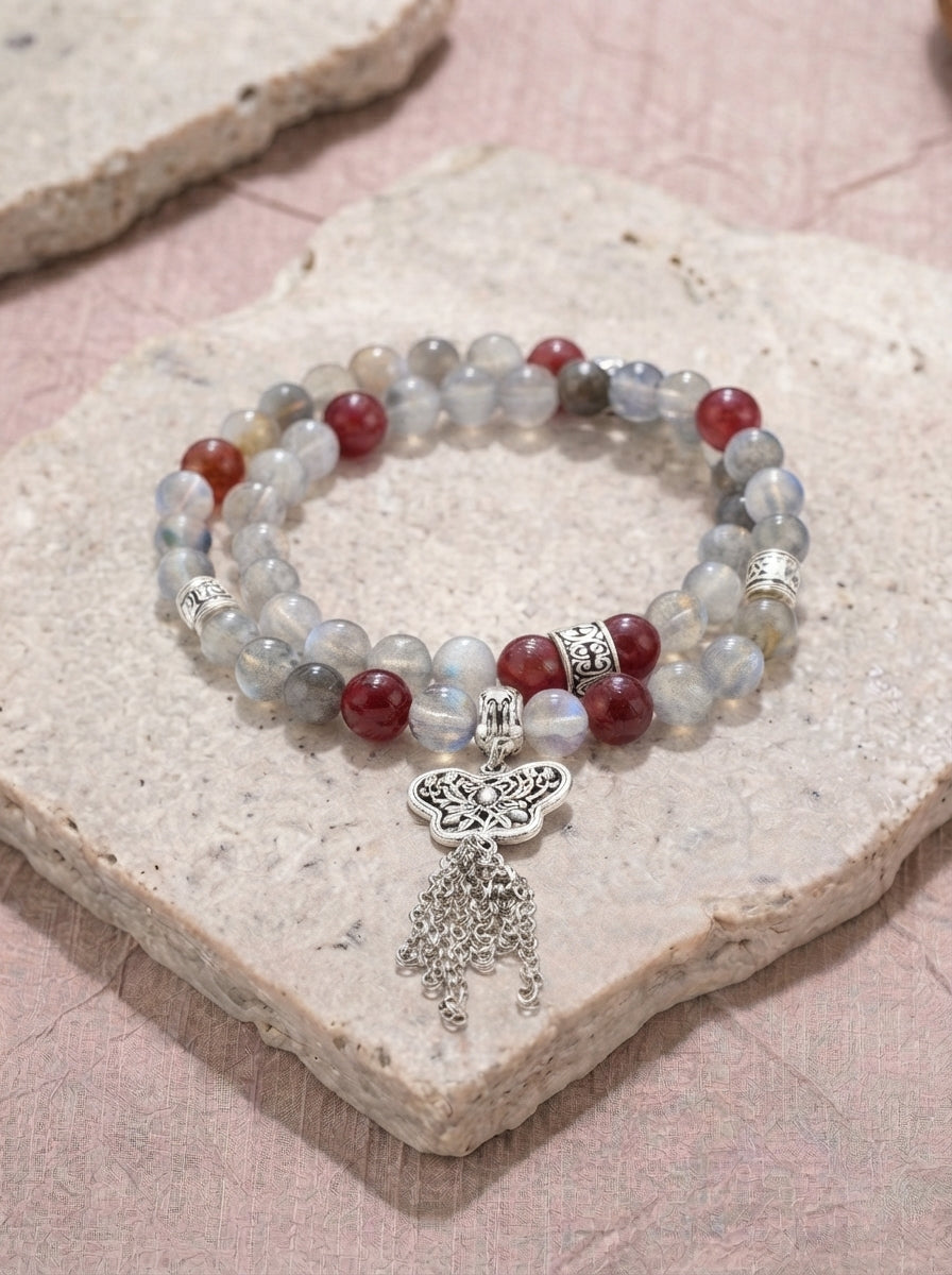 Mountain Spirit Gray Moonstone Strawberry Quartz Bracelet