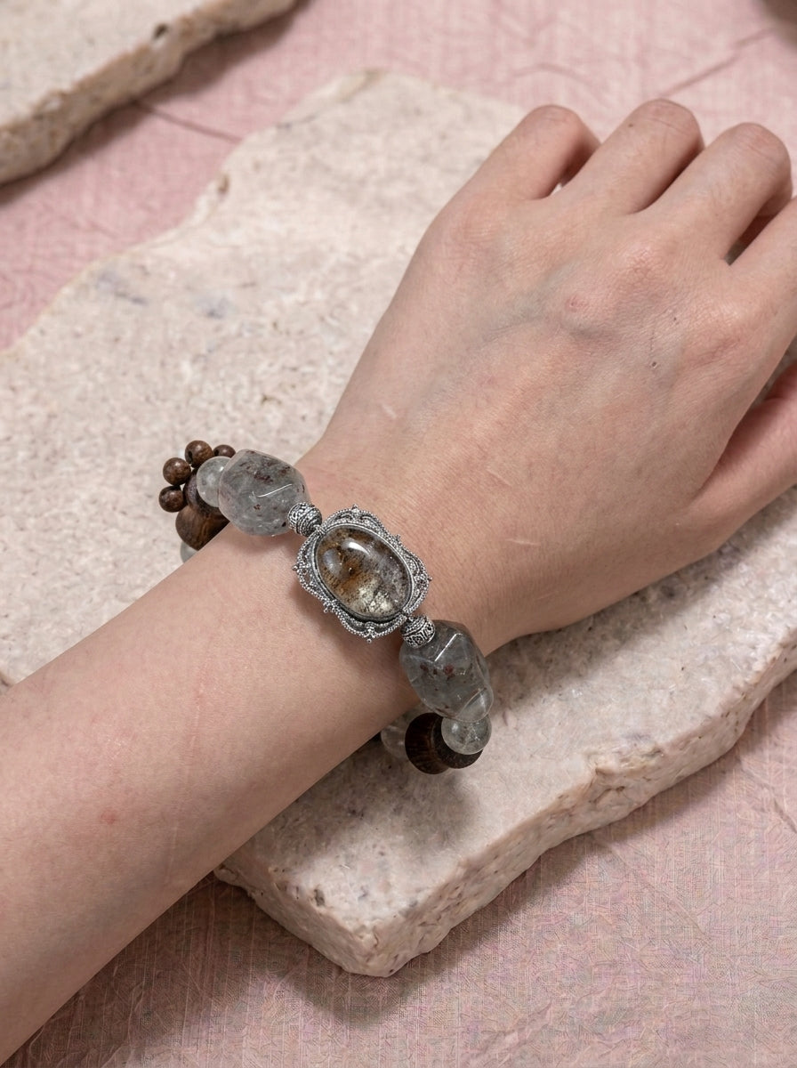 Phantom Quartz & Pear Wood Bracelet
