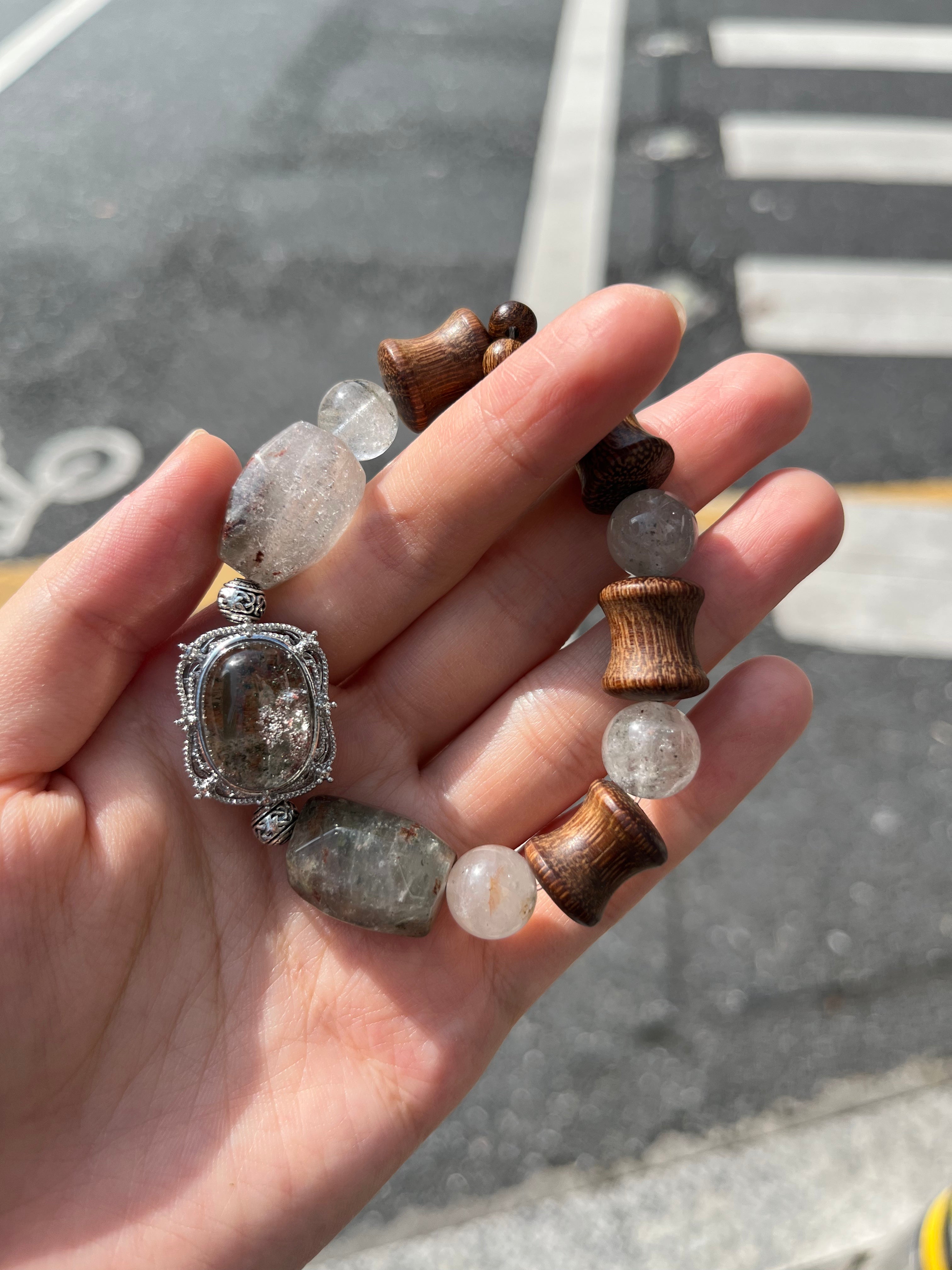 Phantom Quartz & Pear Wood Bracelet