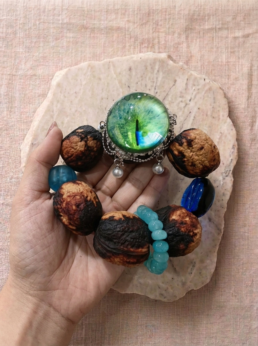 Earth-Toned Walnut & Glazed Eye Bodhi Bracelet